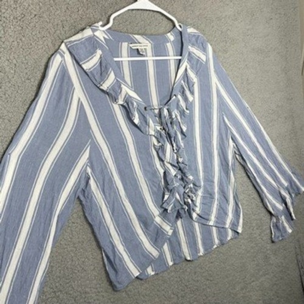 American Eagle Outfitters Top Womens XL Blue White Striped Lace Up Ruffle 0462 - Picture 16 of 16